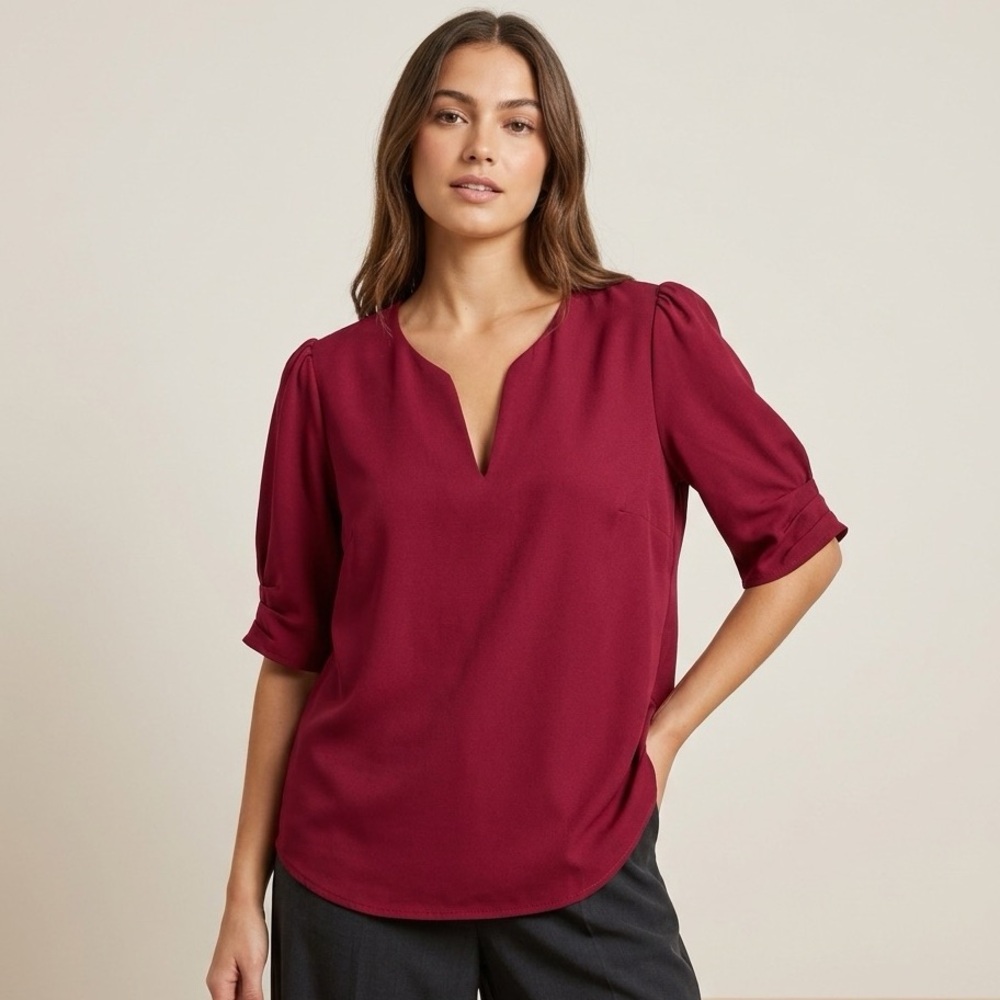 Women's Split V Neck Blouse - Wine